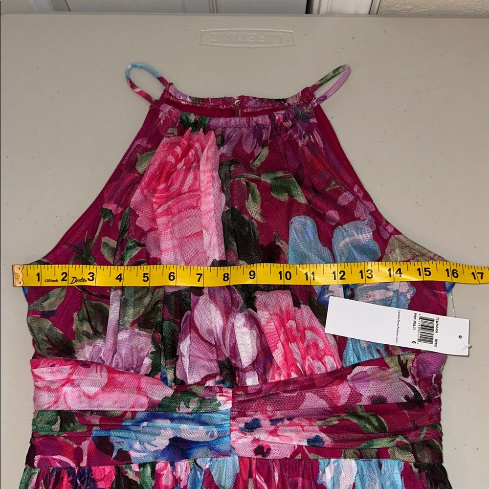NWT London Times Floral Halter Maxi Dress in Magenta and Blue Size 6 - Picture 8 of 15
